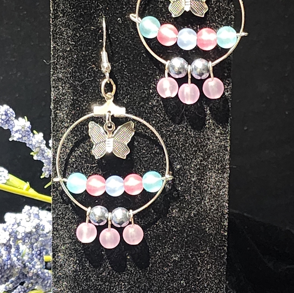 Silver and Pink Butterfly Earrings Handmade - Picture 2 of 5